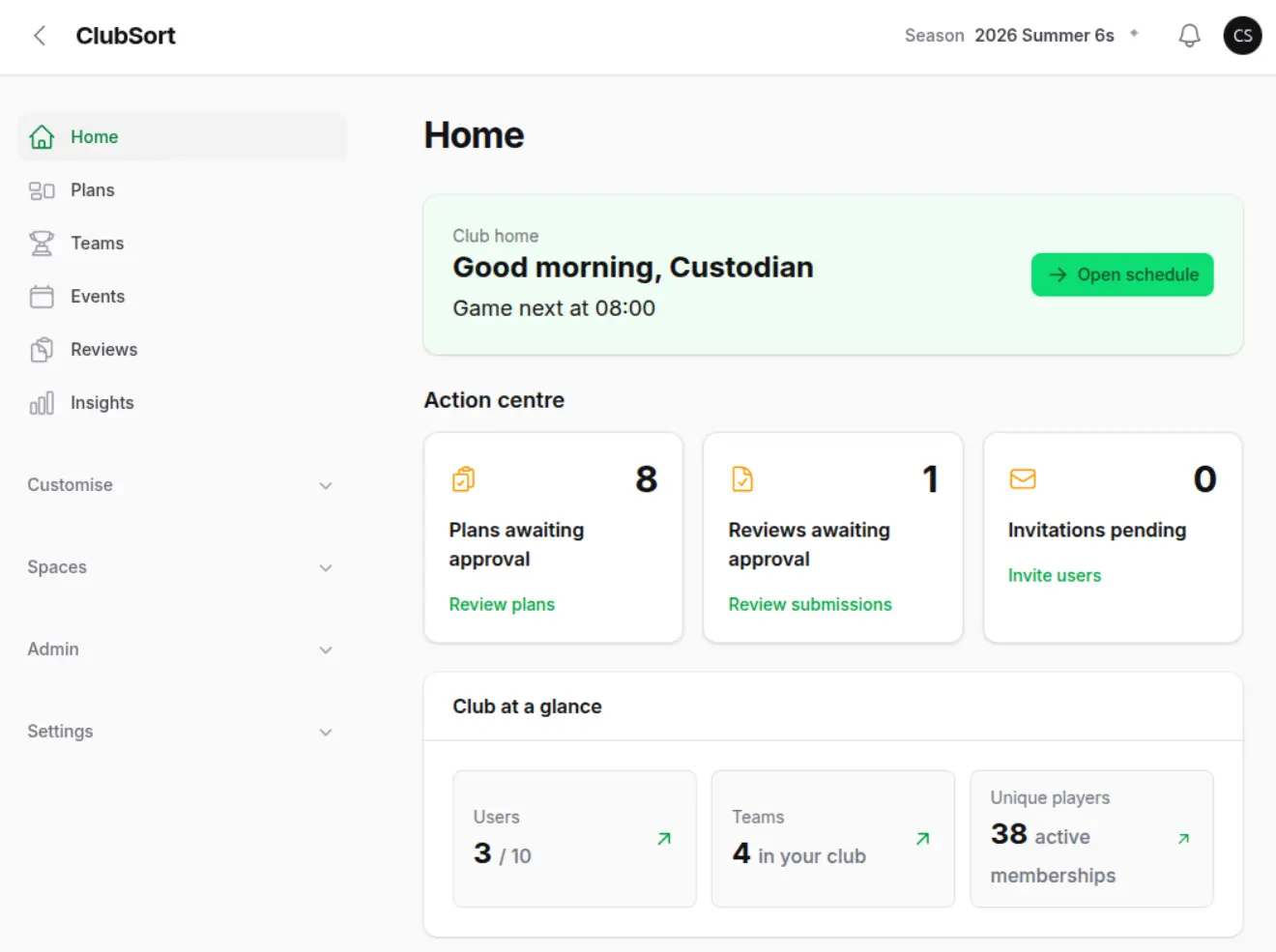 ClubSort home dashboard