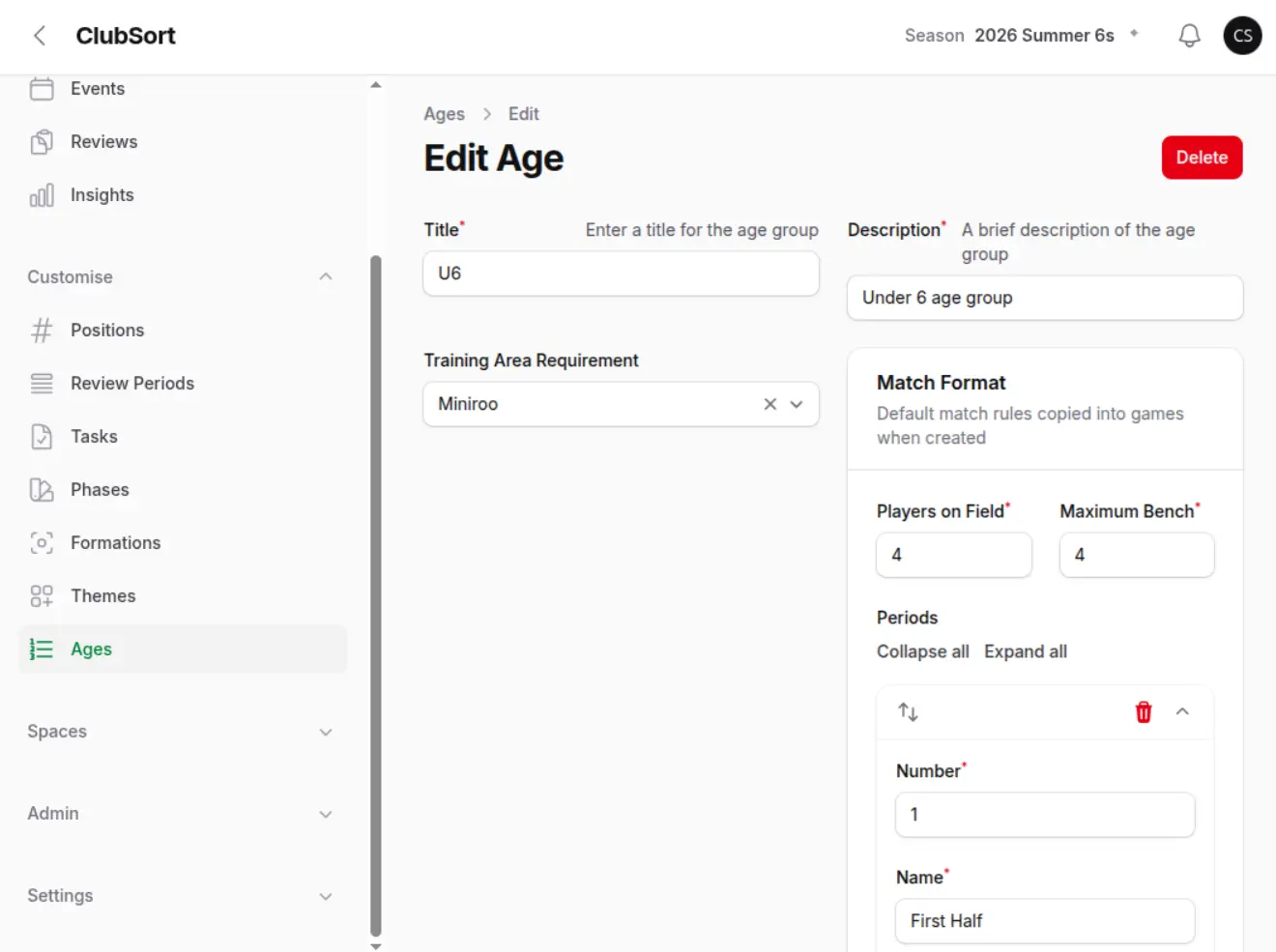 ClubSort age group configuration with age details and match format settings