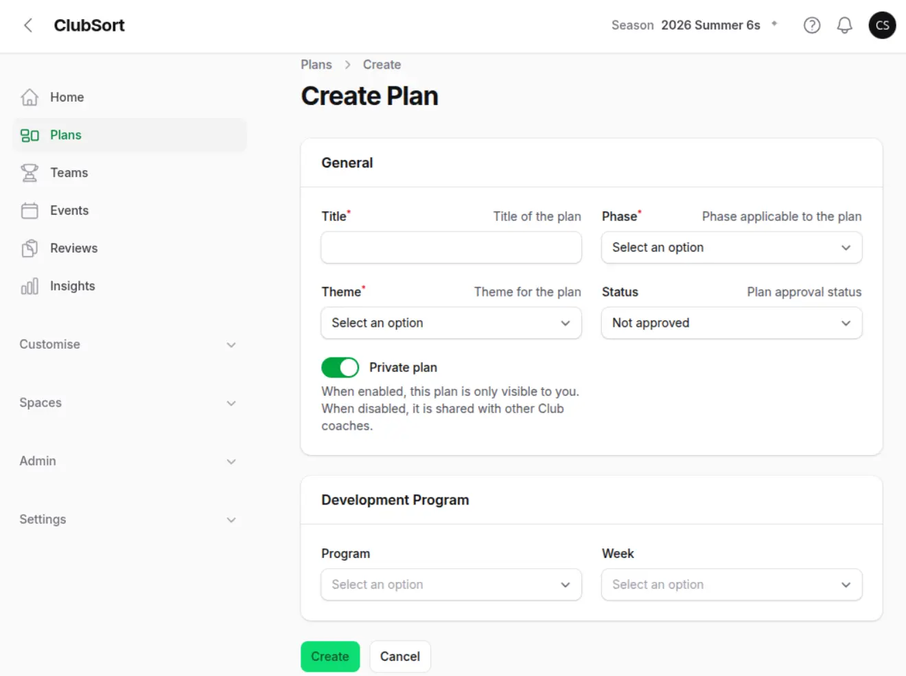 Create session Plan form