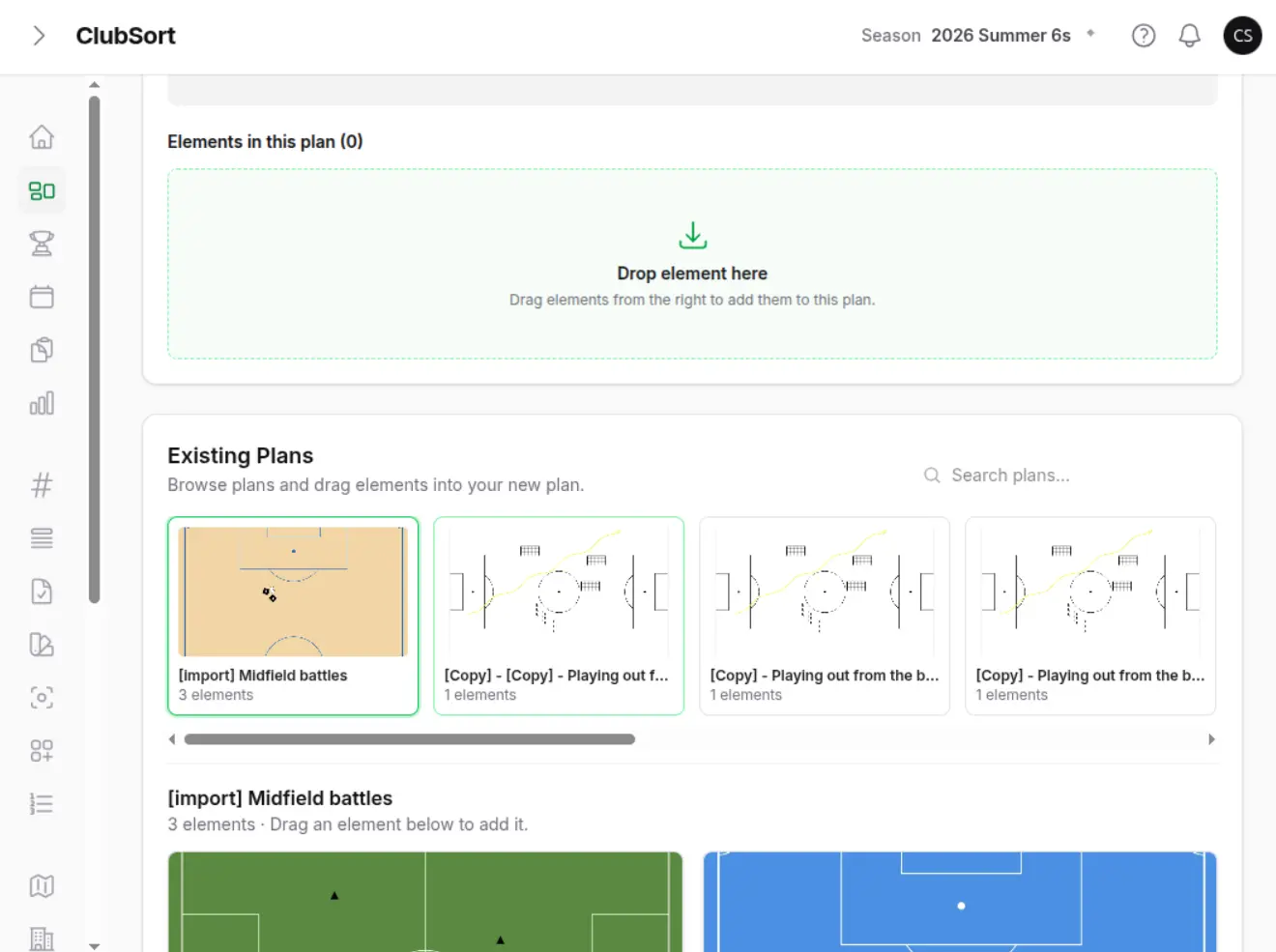 ClubSort Plan Builder with reusable session elements and a visual plan canvas