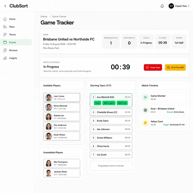 ClubSort live Game Tracker showing available players, starting team and match timeline