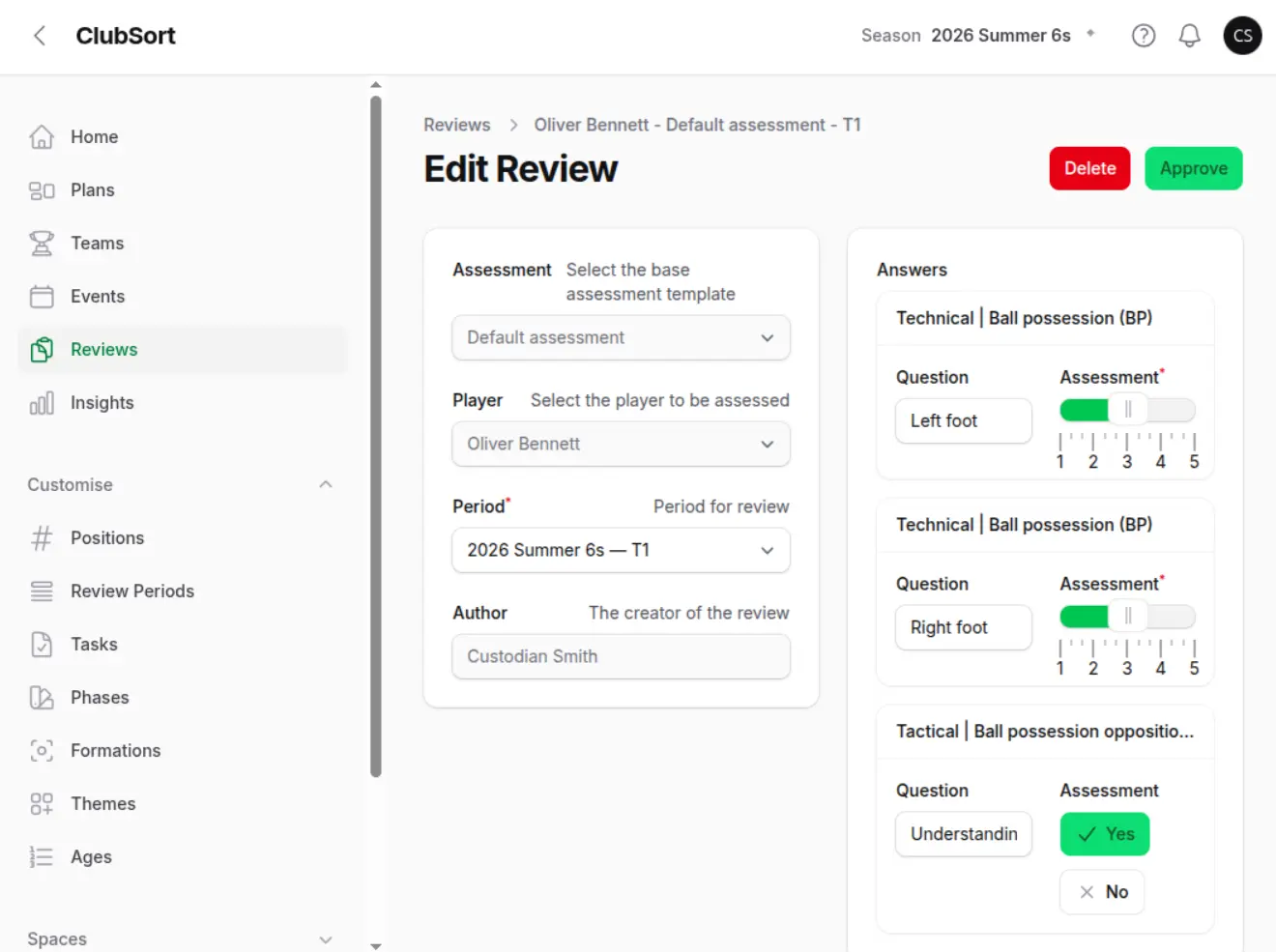 ClubSort Reviews screen showing player review cards and review workflows