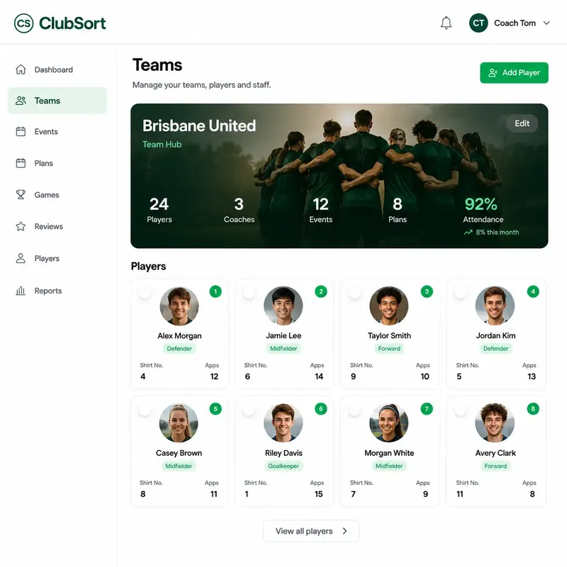 ClubSort teams and players view